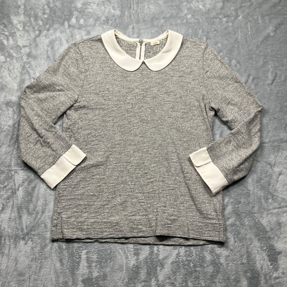J.Crew Top Women Gray Peter Pan Collar‎ Long Sleeve French Cuff Knit Zip S